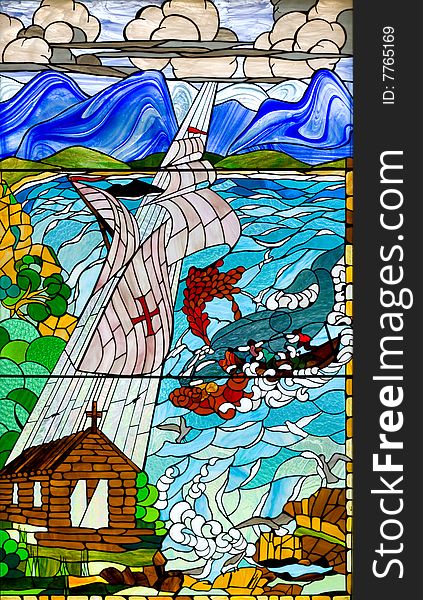 Stained glass window with boat