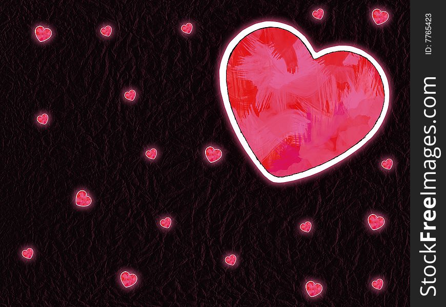 Pink light hearts in dark. This picture was is drawn by the black gel ink pen, is painted then cut out, scanned and edit in the graphic editor.