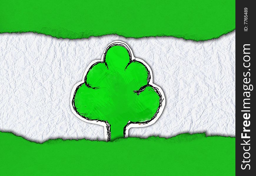 Green paper tree. This picture was is drawn by the black gel ink pen, is painted then cut out, scanned and edit in the graphic editor.