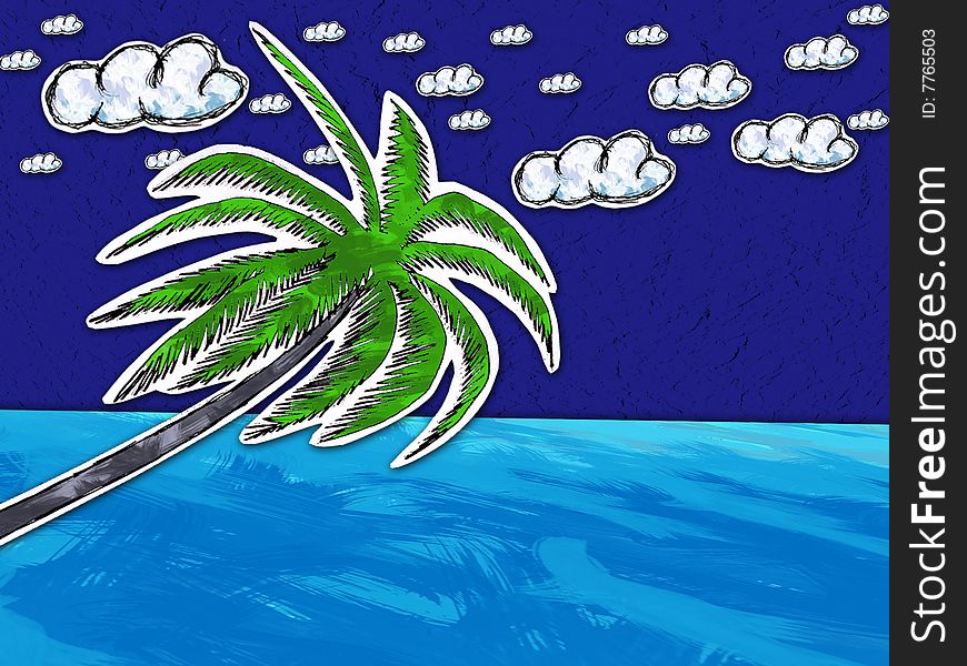 Sea paper palm. This picture was is drawn by the black gel ink pen, is painted then cut out, scanned and edit in the graphic editor. Sea paper palm. This picture was is drawn by the black gel ink pen, is painted then cut out, scanned and edit in the graphic editor.