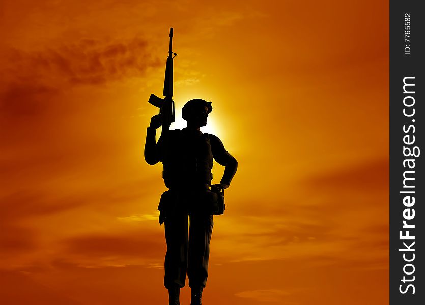 The armed soldier on a background of the sky