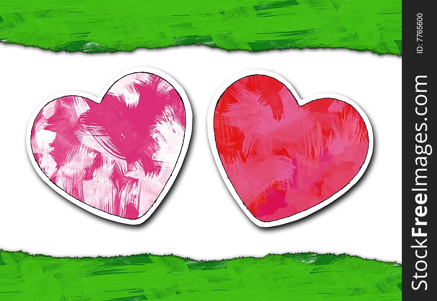 Two paper hearts.This picture was is drawn by the black gel ink pen, is painted then cut out, scanned and edit in the graphic editor. Two paper hearts.This picture was is drawn by the black gel ink pen, is painted then cut out, scanned and edit in the graphic editor.