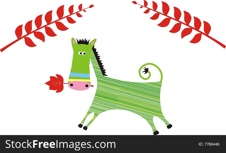 Green horse with red plants graphic illustartion