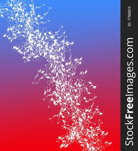 White floral pattern over red and blue background