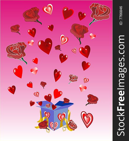 Exploding box of hearts and roses of love. Exploding box of hearts and roses of love...