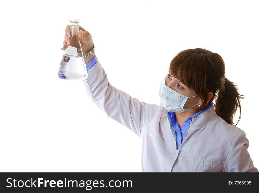 Woman investigates liquid isolated on white background