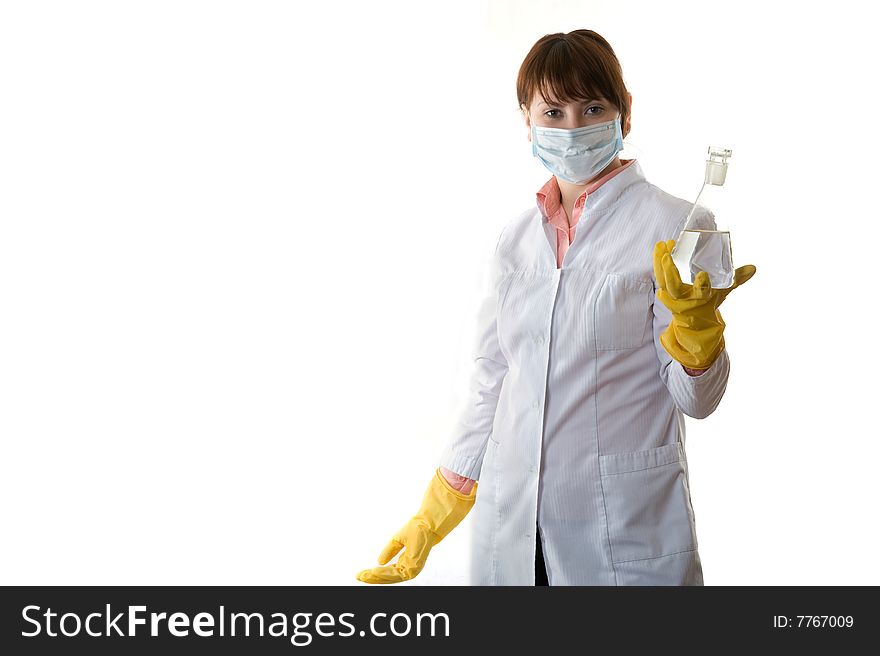 Woman investigates liquid isolated on white background