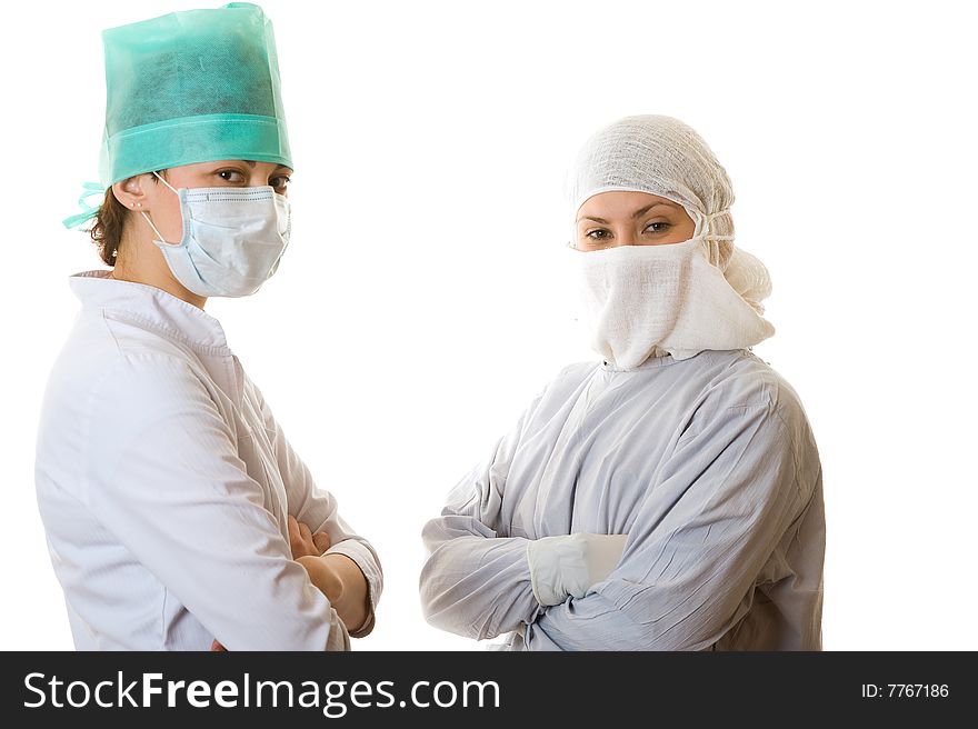 Portrait of two young doctors. Isolated on white background