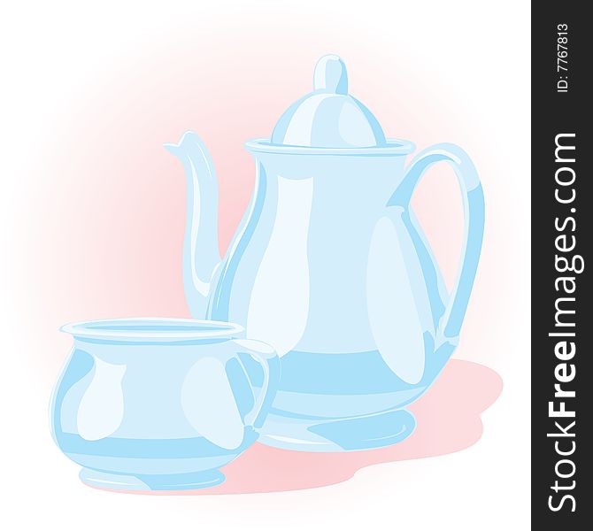 The teapot, coffee, pot, cup, tea,  pair, utensils, to drink, a dessert, to make, cook, the illustration, figure, a vector, blue, porcelain, glass, ceramics, to cover, a table. The teapot, coffee, pot, cup, tea,  pair, utensils, to drink, a dessert, to make, cook, the illustration, figure, a vector, blue, porcelain, glass, ceramics, to cover, a table