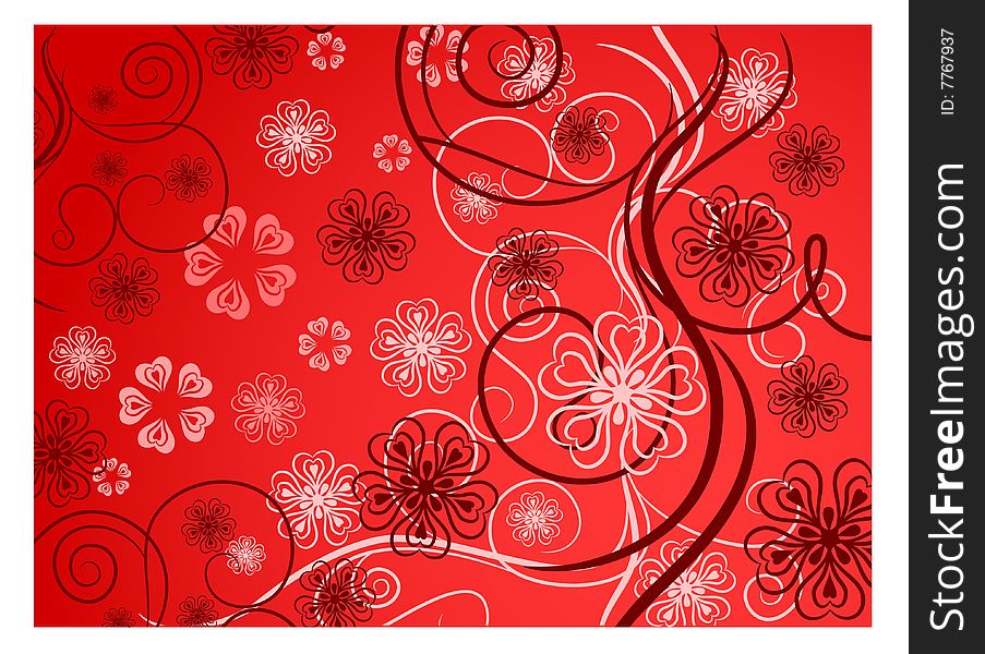 Beautiful pattern with bound lines and flowers in red, illustration