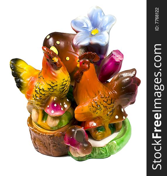 Saltcellar and peperbox in the form of a cock and hen on flower. Saltcellar and peperbox in the form of a cock and hen on flower