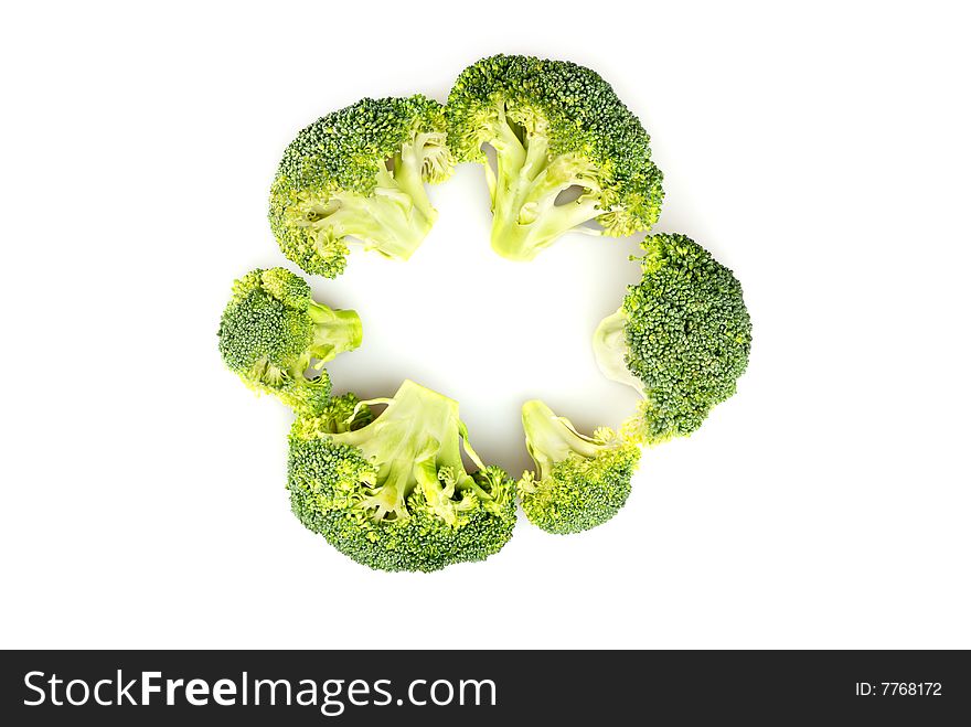 Green broccoli pieces (isolated on white). Green broccoli pieces (isolated on white)