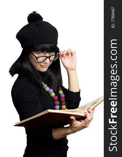 Schoolgirl with book on white background. Schoolgirl with book on white background