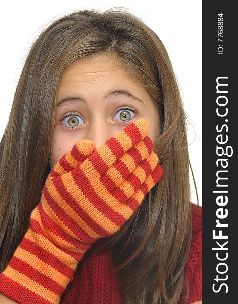 Beautiful young girl posing with gloves against a white background. Beautiful young girl posing with gloves against a white background