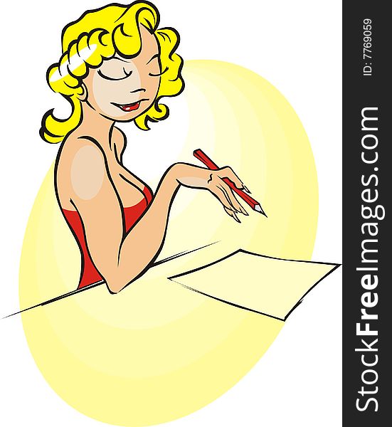 A woman in a red dress holding a pencil. A woman in a red dress holding a pencil