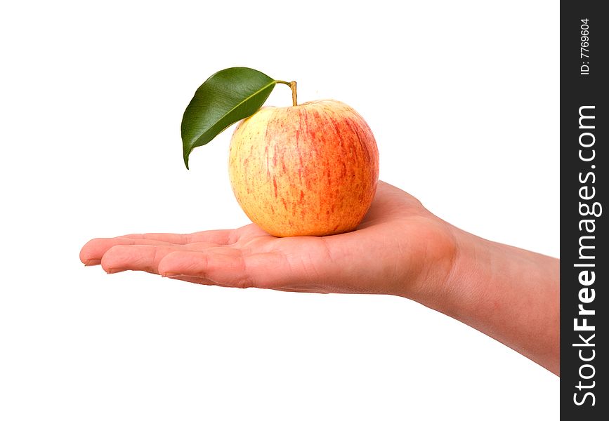 Girl's hand with apple  isolated on white background