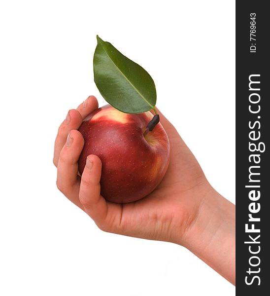 Girl's hand with apple  isolated on white background