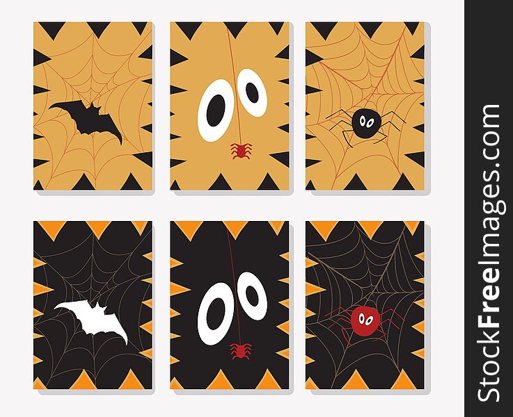 Set of Halloween ards. Cute and scary cards templates. holidays elements - bat, web, spider, pumpkin fangs. Halloween postcards, covers, tags, icons set and more.