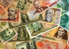 Currencies From Around The World, Paper Banknotes. Stock Photos