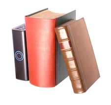 Old Leather Bound Books With A Computer Hard Drive Stock Image Old Leather Bound Books With A Computer Hard Drive Stock Image