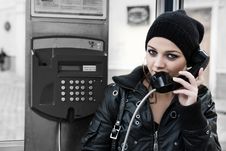 The Young Girl In Telephone Booth Stock Photos The Young Girl In Telephone Booth Stock Photos
