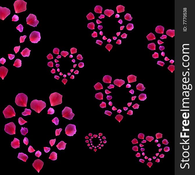Abstract design of pink and red rose petal hearts set against a black background.