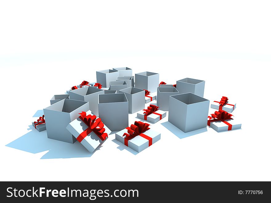 Opened gift boxes - 3d isolated illustration on white. Opened gift boxes - 3d isolated illustration on white