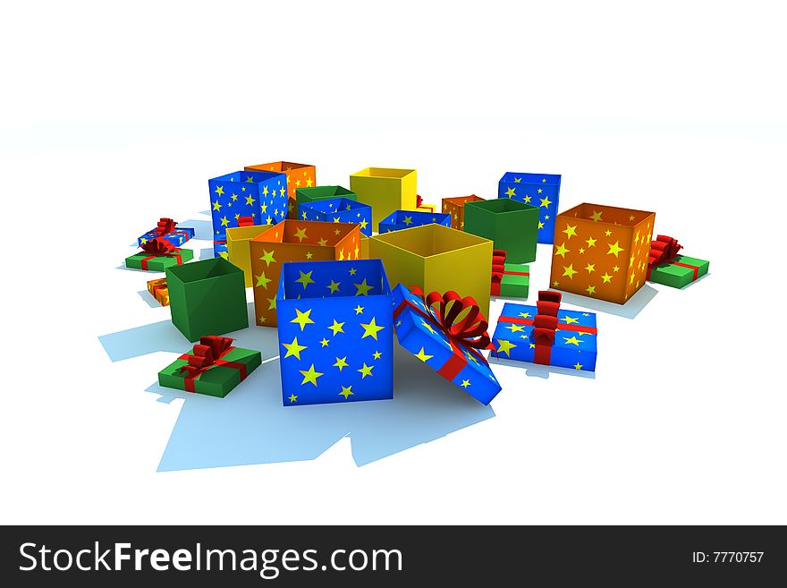 Opened gift boxes - 3d isolated illustration on white. Opened gift boxes - 3d isolated illustration on white