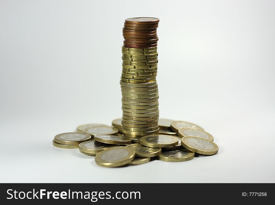 A tower made up of Euro coins. A tower made up of Euro coins