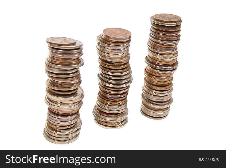Coins stacks isolated on a white. Coins stacks isolated on a white