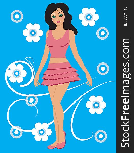 Girl in pink over abstract blue background-vector. Girl in pink over abstract blue background-vector