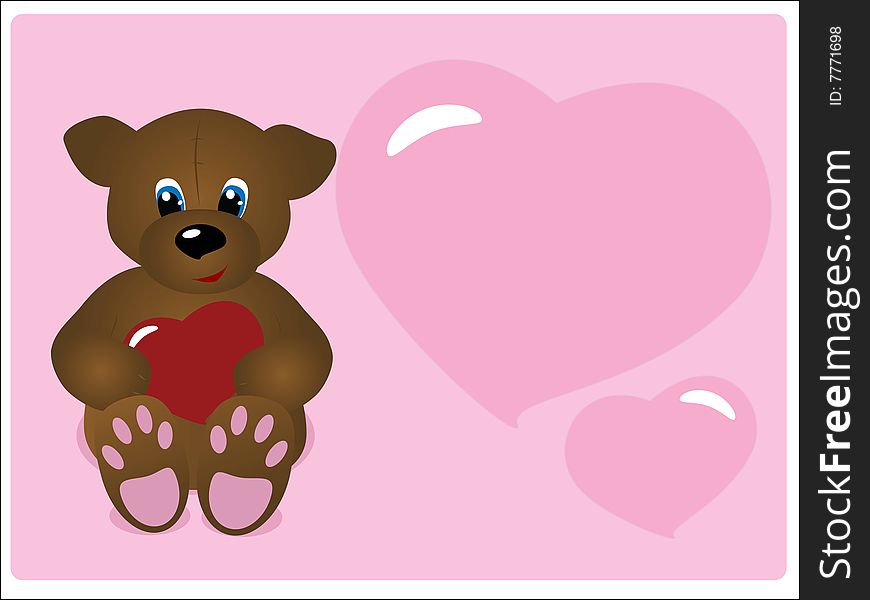 Cute cartoon teddy bear holding heart. Pink valentine's day greeting card - vector