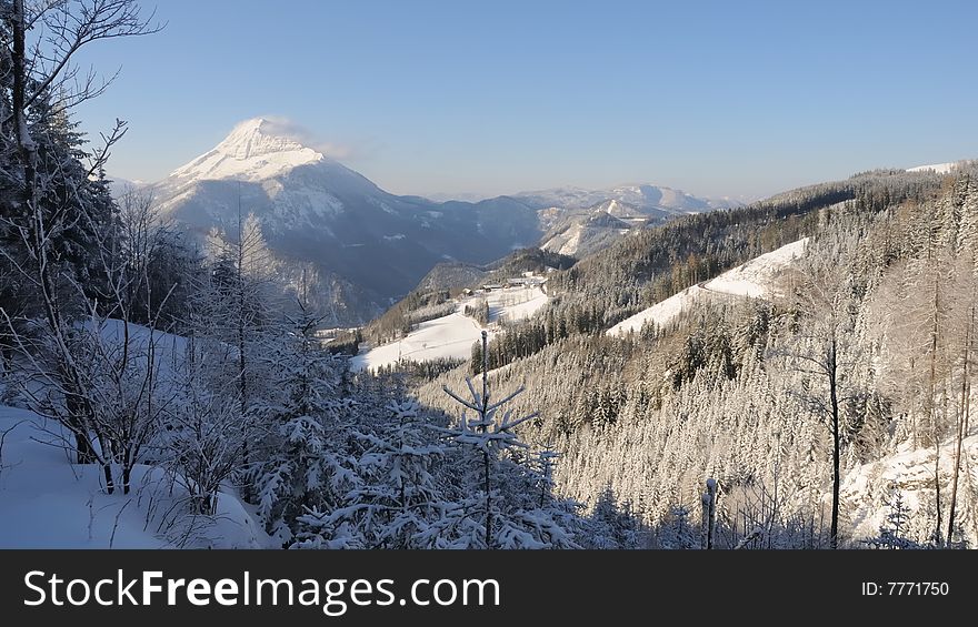 Landscape with mountain peak in winter with snow. Landscape with mountain peak in winter with snow