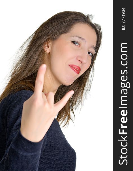 An eccentric woman shows a modern and popular gesture