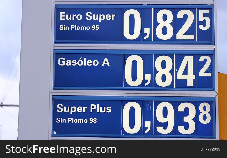 A priceboard in Spain displaying very low petrol prices at the beginning of 2009