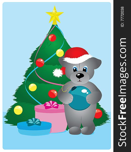 Bear with christmas tree decoration, gifts and christmas tree - . Bear with christmas tree decoration, gifts and christmas tree -