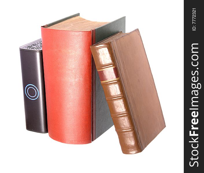 Old Leather Bound Books With A Computer Hard Drive