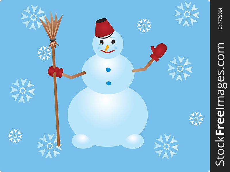 Snowman with broom on the light-blue background with snowflakes-
