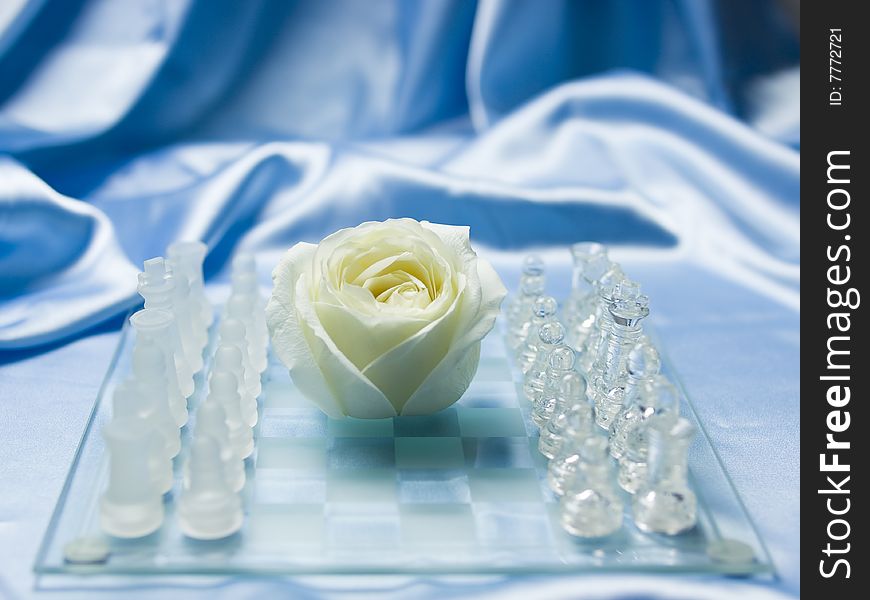 Glass chess board and a white rose in the center symbolizing peace, blue satin in the background. Glass chess board and a white rose in the center symbolizing peace, blue satin in the background.