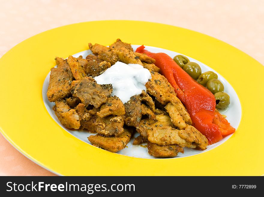 Grilled Meat With Baked Red Bell Pepper, Olive, Salad And Sauce.