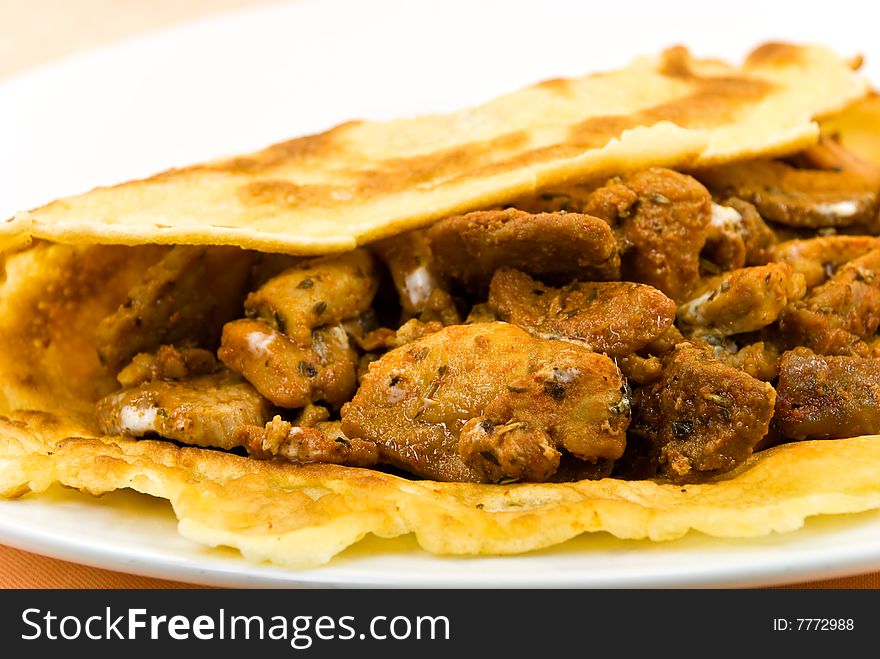 Grilled Meat With Baked Slices, Pancake,and Sauce.