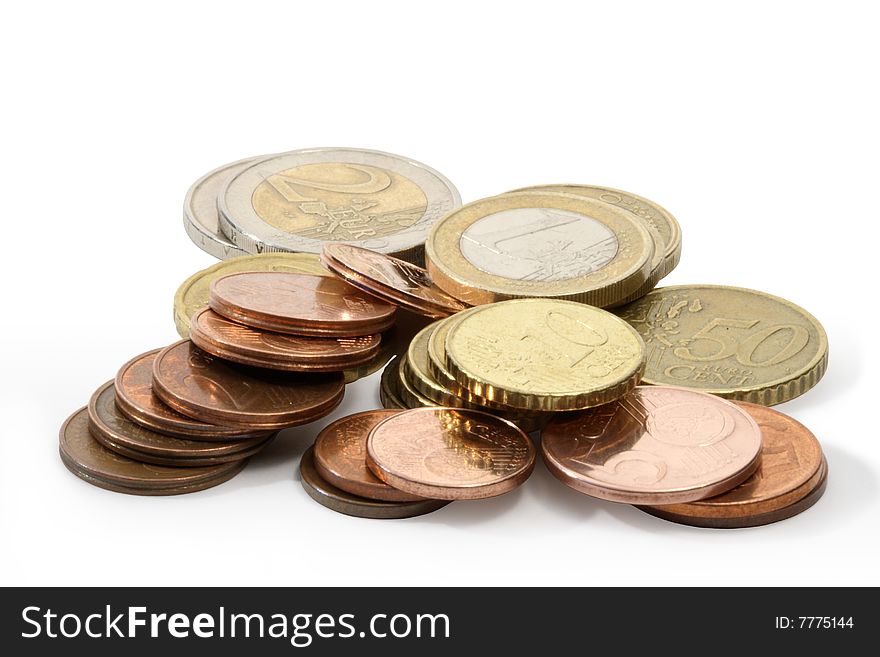 Isolated lot of modern european coins on white background
