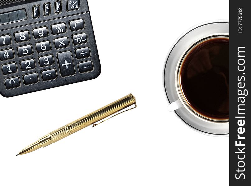 Coffee, calculator, pen on white background. Workplace.