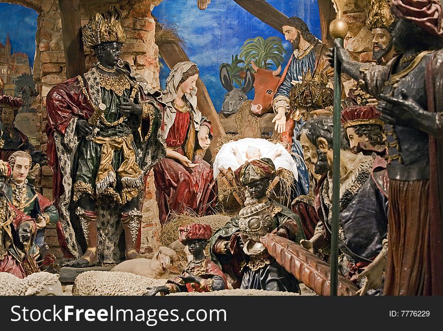 Baroque Bethlehem in Prague - Wholy Family with three Kings. 48 figures Bethlehem made in 17th century by monk Kaspar. Artwork from straw, paper, gypsum and original clothes.