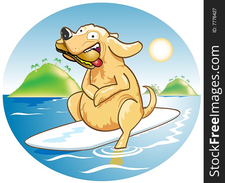 Illustration of a dog on a surfboard with a hotdog in his mouth