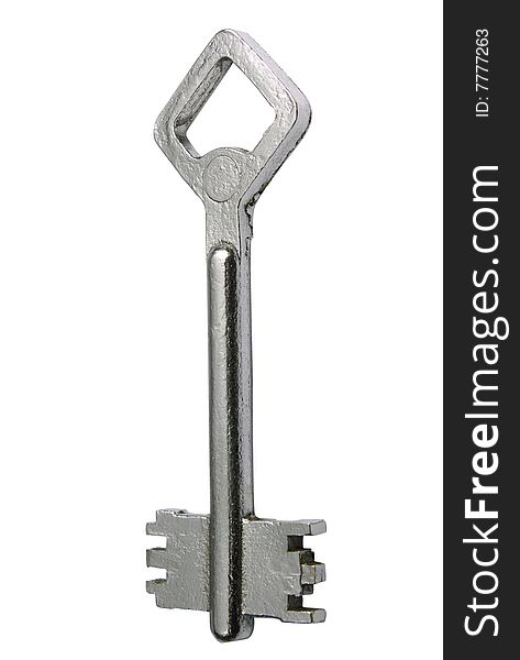 Old-fashioned chromeplated key on a white background isolate clipping path. Old-fashioned chromeplated key on a white background isolate clipping path