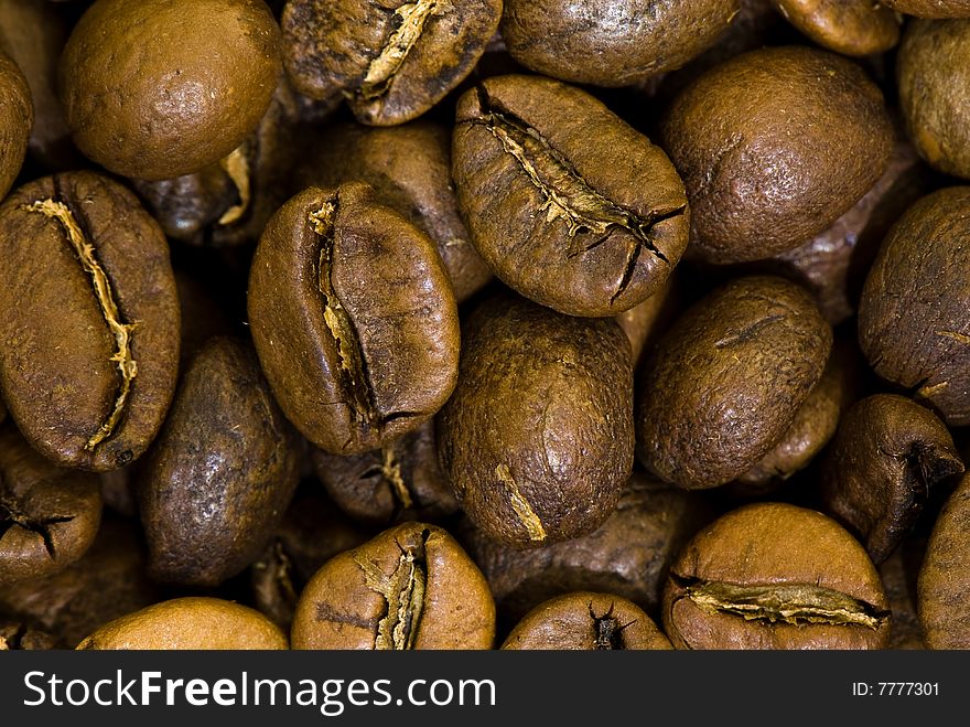Background from the spilled grains of Brazilian coffee