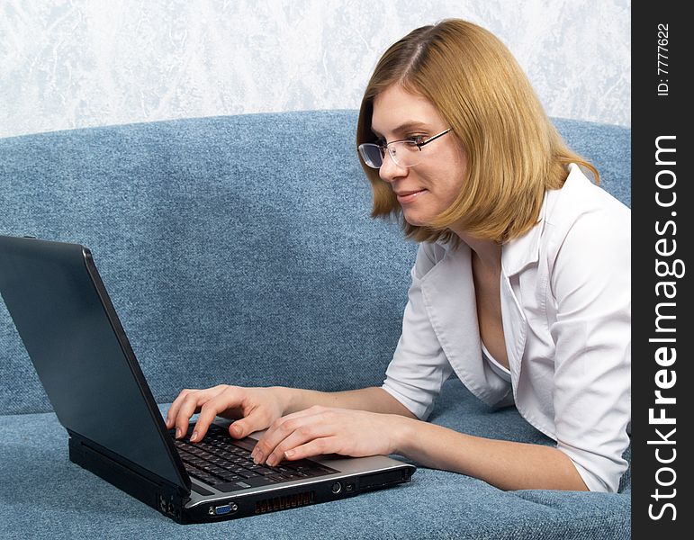 The young beautiful girl in points with laptop. The young beautiful girl in points with laptop