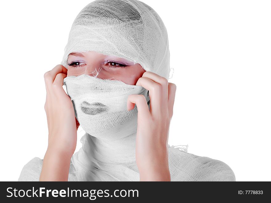 Portrait of a young beautiful woman fully in bandage