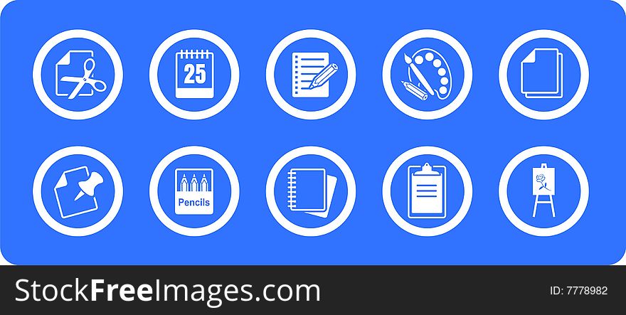 Office commodities  icons set in white and blue colors